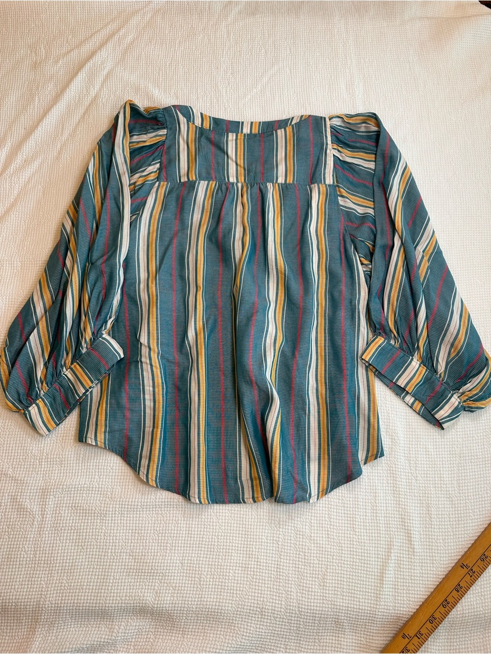 Anthropologie Maeve Teal Multi-Byron Striped Square-Neck Blouse